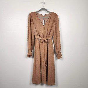 BALTIC BORN  | NWT Paisley Camel Swiss Dot Midi Faux Wrap Chiffon Dress - Sz L